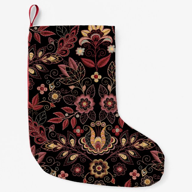 Embroidered flowers, dark vintage elegance small christmas stocking (Front)