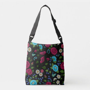 Embroidered Folk Style Pink Blue Floral Black Crossbody Bag