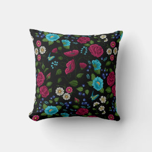 Embroidered Folk Style Pink Blue Floral Black Cushion