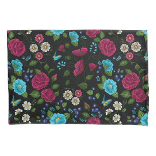 Embroidered Folk Style Pink Blue Floral Black Pillowcase