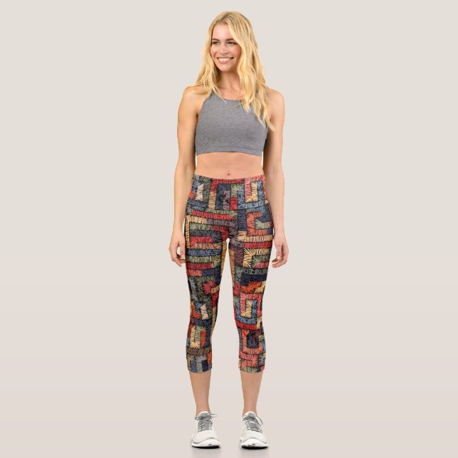 Embroidered geometric, ethnic texture capri leggings (Front)