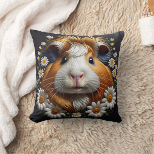 Embroidered Guinea Pig with Daisies Cushion