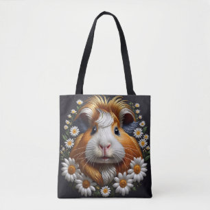 Embroidered Guinea Pig with Daisies Tote Bag