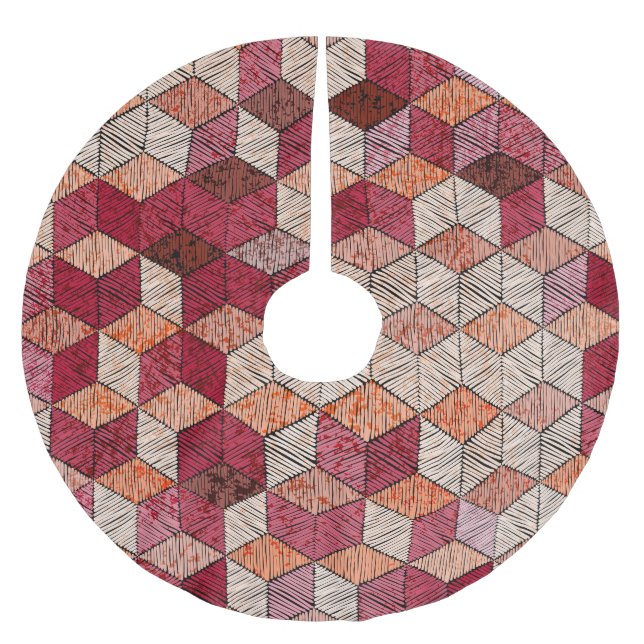 Embroidered Hexagons: Bohemian Patchwork Print. Brushed Polyester Tree Skirt (Front)