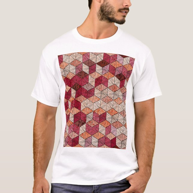 Embroidered Hexagons: Bohemian Patchwork Print. T-Shirt (Front)