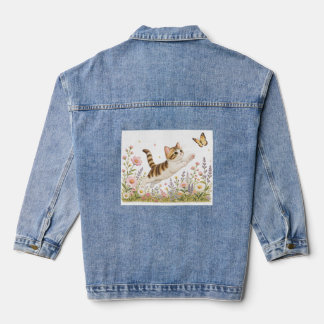 Embroidered Kitten Chasing Butterfly in Wildflower Denim Jacket