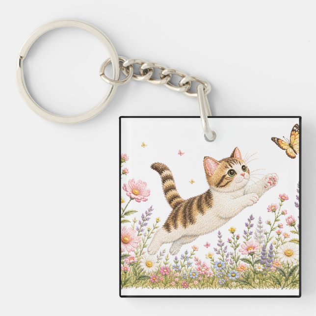 Embroidered Kitten Chasing Butterfly in Wildflower Key Ring (Front)