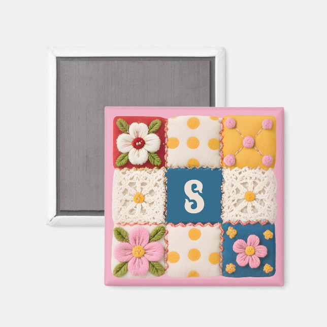 Embroidered Lace and Flowers Monogram Quilt Block Magnet (Front/Back)