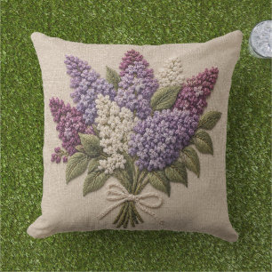Embroidered Lilac Bouquet – Faux Embroidery Linen Cushion
