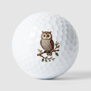 Embroidered Owl on Branch Rustic Nature Art Design Golf Balls