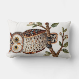 Embroidered Owl on Branch Rustic Nature Art Design Lumbar Cushion