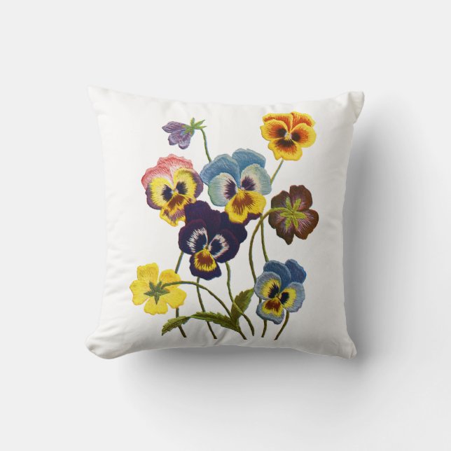Embroidered Pansies Cushion (Front)