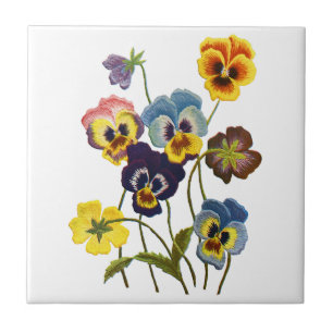 Embroidered Parade of Pansies Ceramic Tile