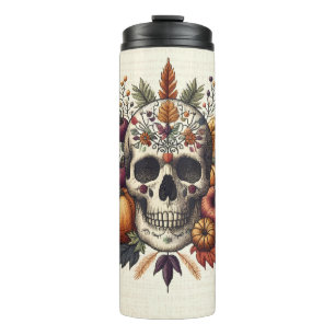 Embroidered Pastel Gothic Sugar Skull Flowers Thermal Tumbler