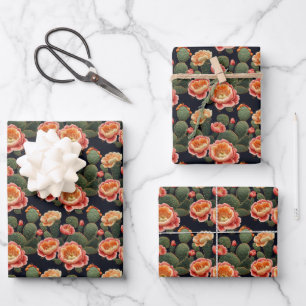 Embroidered Pink Blooming Cactus on Black  Wrapping Paper Sheet
