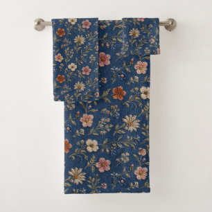 Embroidered plain wildflowers on denim background bath towel set