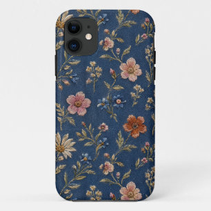 Embroidered plain wildflowers on denim background iPhone 11 case