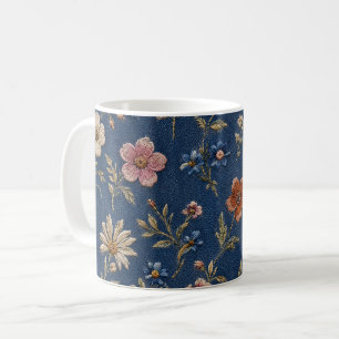 Embroidered plain wildflowers on denim background coffee mug