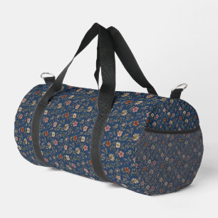 Embroidered plain wildflowers on denim background duffle bag