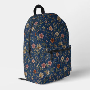 Embroidered plain wildflowers on denim background printed backpack