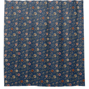 Embroidered plain wildflowers on denim background shower curtain