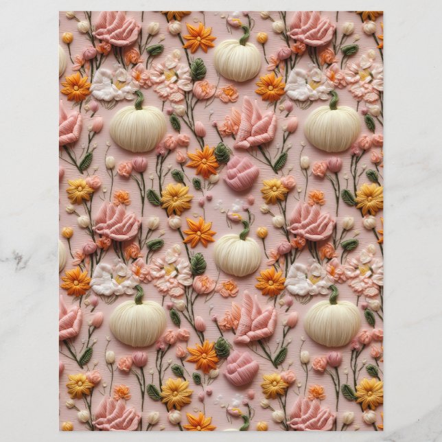 embroidered pumpkin fall pattern scrapbook paper (Front)
