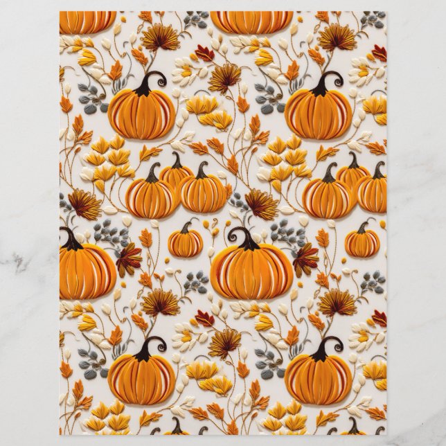 embroidered pumpkin fall pattern scrapbook paper (Front)