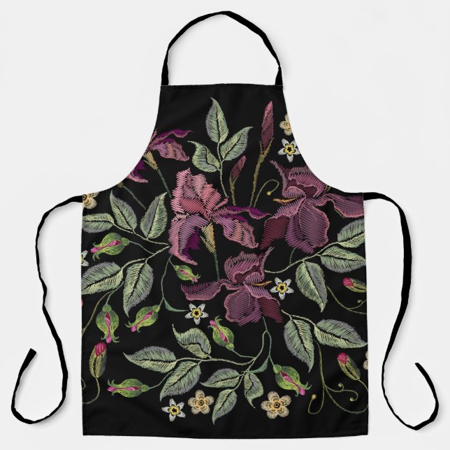 Embroidered Purple Irises Black Background. Apron (Front)