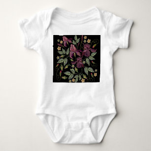 Embroidered Purple Irises Black Background. Baby Bodysuit