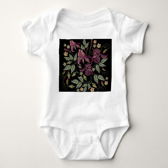Embroidered Purple Irises Black Background. Baby Bodysuit (Front)