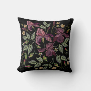Embroidered Purple Irises Black Background. Cushion