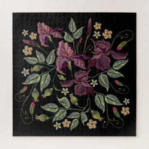 Embroidered Purple Irises Black Background. Jigsaw Puzzle