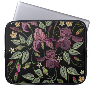 Embroidered Purple Irises Black Background. Laptop Sleeve