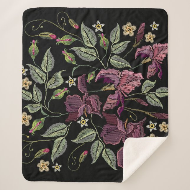 Embroidered Purple Irises Black Background. Sherpa Blanket (Front)