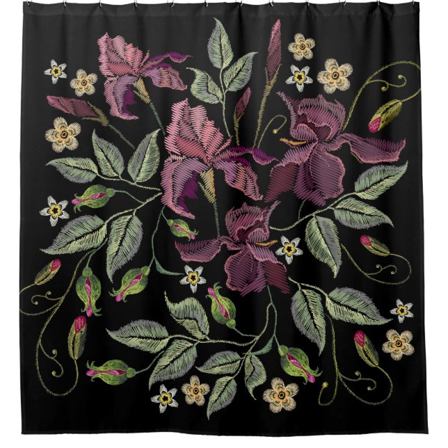Embroidered Purple Irises Black Background. Shower Curtain (Front)