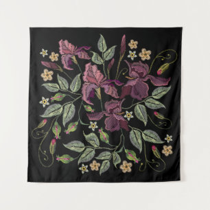 Embroidered Purple Irises Black Background. Tapestry