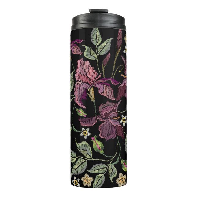 Embroidered Purple Irises Black Background. Thermal Tumbler (Front)