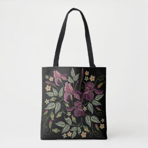 Embroidered Purple Irises Black Background. Tote Bag