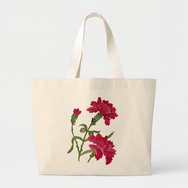 Embroidered Red Carnations Large Tote Bag (Front)