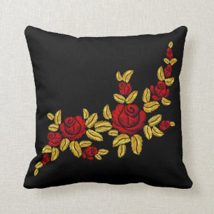 Embroidered Red Roses Golden Leaves Black Cushion