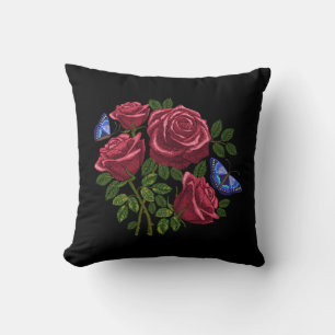 Embroidered Red Roses Green Leaves Blue Butterfly Cushion