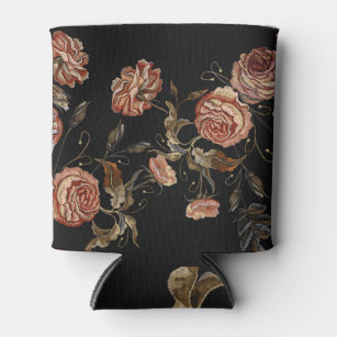 Embroidered roses: black seamless pattern. can cooler
