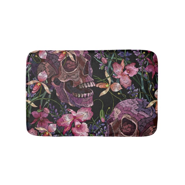 Embroidered Skull: Gothic Orchid Pattern Bath Mat (Front)