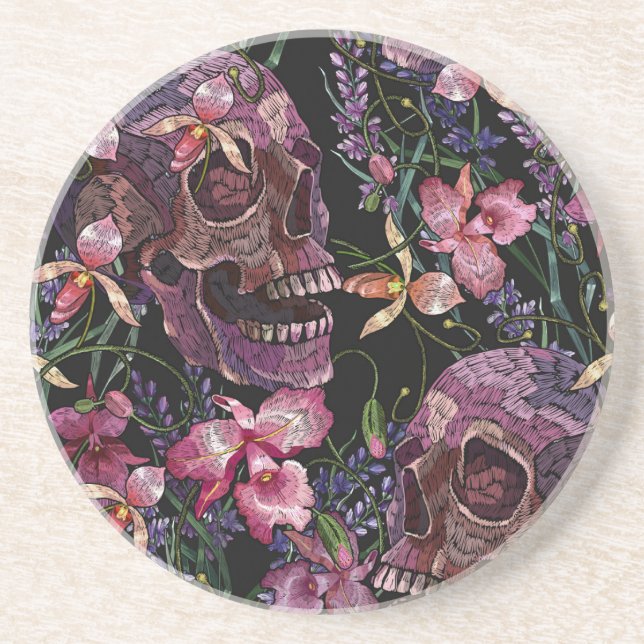 Embroidered Skull: Gothic Orchid Pattern Coaster (Front)