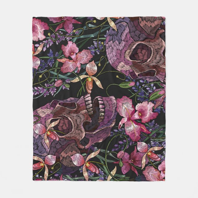 Embroidered Skull: Gothic Orchid Pattern Fleece Blanket (Front)