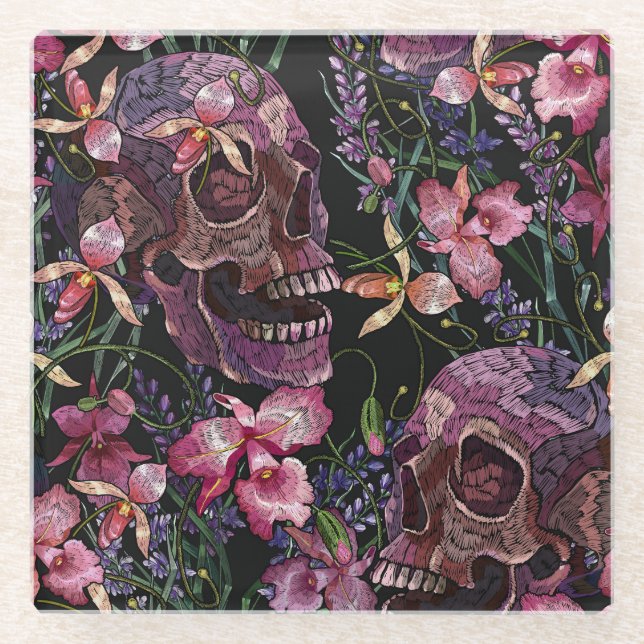 Embroidered Skull: Gothic Orchid Pattern Glass Coaster (Front)