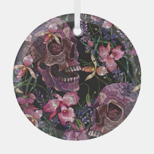 Embroidered Skull: Gothic Orchid Pattern Glass Tree Decoration