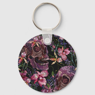 Embroidered Skull: Gothic Orchid Pattern Key Ring