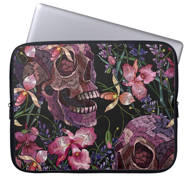 Embroidered Skull: Gothic Orchid Pattern Laptop Sleeve (Front)
