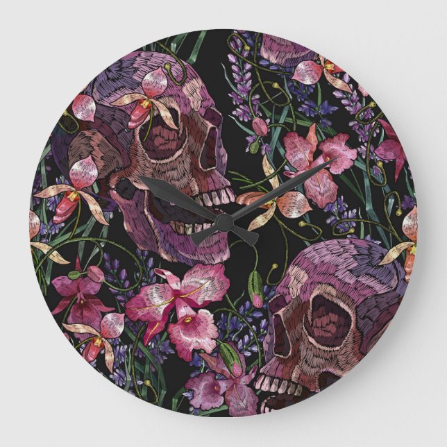 Embroidered Skull: Gothic Orchid Pattern Large Clock (Front)